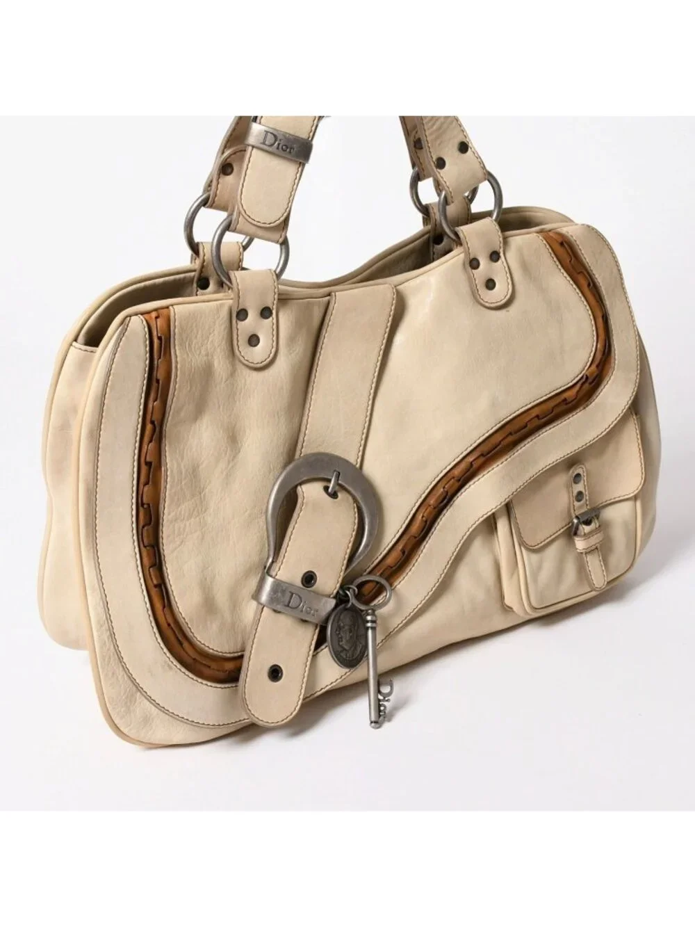 Dior Gaucho Saddle Tote Shoulder Bag Galliano Era Leather Beige